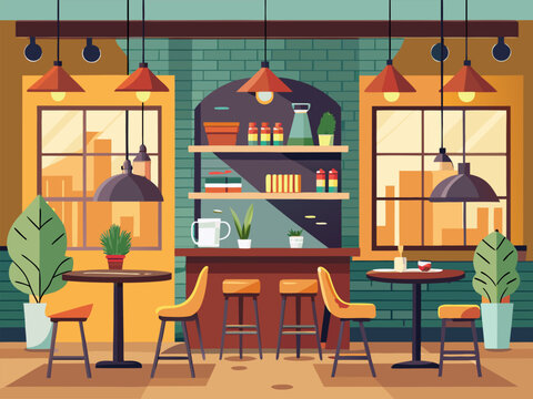 Bar counter and tables facing shelves with plants in cafe interior