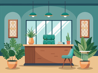Fototapeta premium Reception desk with potted plants and chair in interior lobby