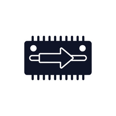 Fototapeta premium A dark blue microchip with white arrow and pins on a white background.