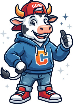 Happy Cartoon Cow Mascot in Blue Hoodie Giving Thumbs Up