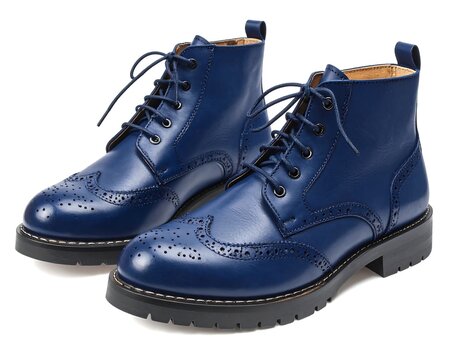 Blue leather brogue ankle boots.