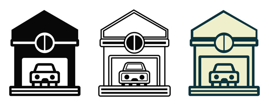 Car garage and auto repair shop icons set featuring a vehicle inside a workshop in silhouette, outline, and flat color styles.
