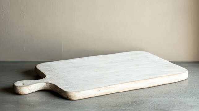 Rustic white washed wooden cutting board with handle serving platter for charcuterie and cheese kitchen essential for food preparation and display neutral background