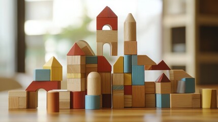 Obraz premium Creative wooden building blocks construction forming a whimsical town or castle structure with natural wood tones and muted pastel colors soft focus background early childhood