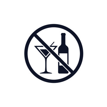 No alcohol allowed sign with wine bottle and cocktail glass icon in a circle with a diagonal line.