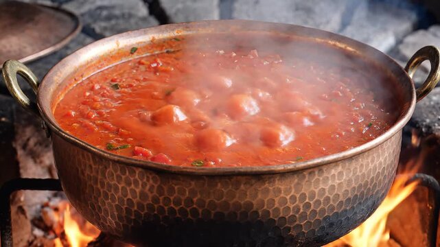 Traditional Cooking Stew in Copper Pot Over Open Fire.