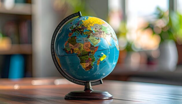 A vibrant globe showcasing continents and oceans, resting on a wooden surface.