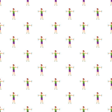 Repeating pattern of a man doing a lateral raise exercise with light dumbbells
