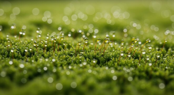 Macro photography of lush green moss with clear dew drops resting on thin sporophyte stems and capsules, showcasing natural texture and soft bokeh lighting on a forest floor.