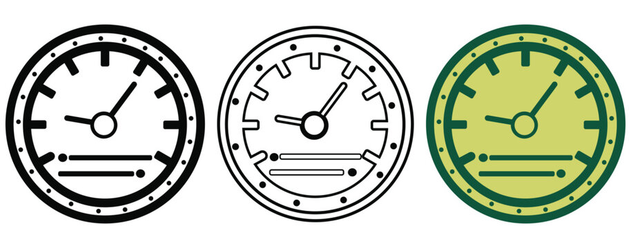 Car speedometer and dashboard gauge icons set featuring speed meter dial in silhouette, outline, and flat color styles for automotive design.
