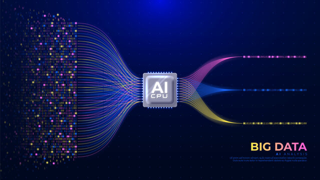 Big Data AI Analysis Concept. Technology Background with processing of Big Data using AI CPU. Visualization of Digital Technology with Fast Moving Connecting Lines and Binary Code. Vector banner.
