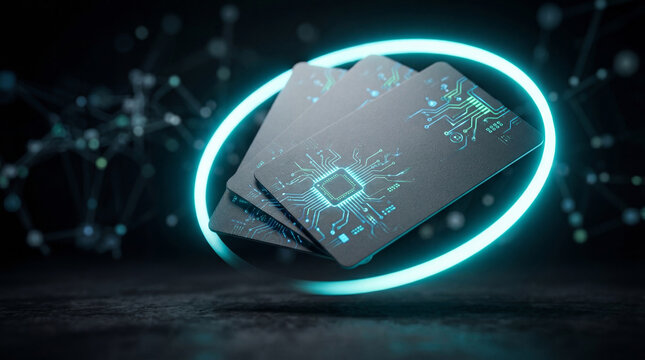 Plastic smart card with digital circuit pattern inside glowing neon circle. Financial transaction security and banking protection concept. Data privacy and cyber safety technology innovation.