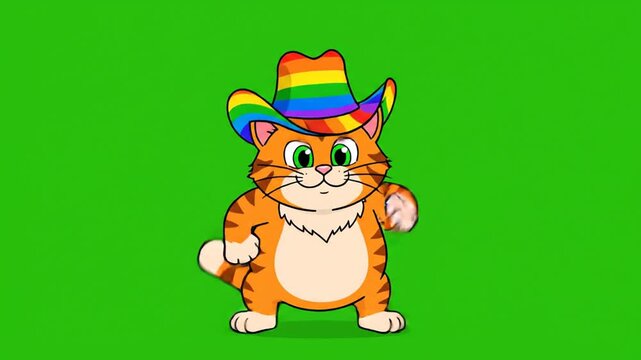 A cartoon orange cat wearing a colorful cowboy hat stands on a background green screen