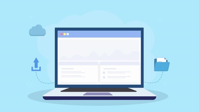 Animated laptop displaying cloud storage dashboard with upload icon, cloud system, and file management elements in clean flat design on teal background.