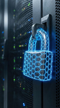 Digital padlock securing server rack cabinet. Cyber security concept with glowing blue mesh network shield. Data protection and information safety for enterprise infrastructure technology.