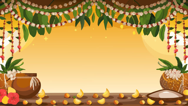 Ugadi festival greeting card with floral garlands and traditional indian decorations celebrating the telugu and kannada new year