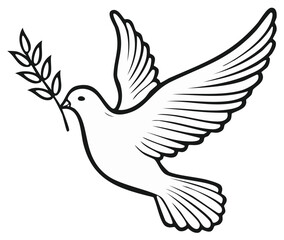 Obraz premium White dove carrying an olive branch symbolizes peace and hope in simple black outline drawing