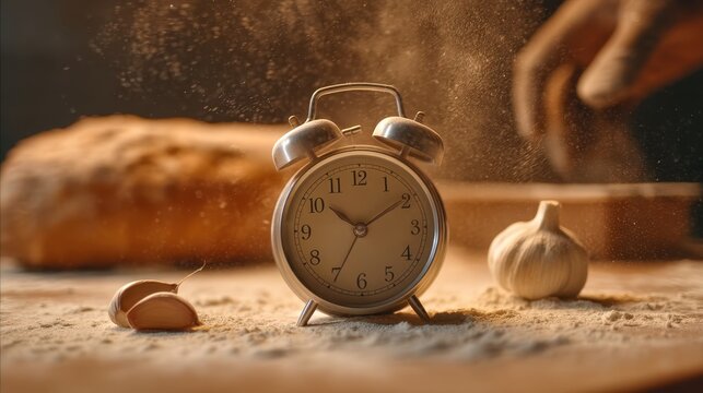Close-Up Shot of Silver Alarm Clock Surrounded by Garlic and Flour on Kitchen Counter with Dusty Atmosphere and Baking in the Background