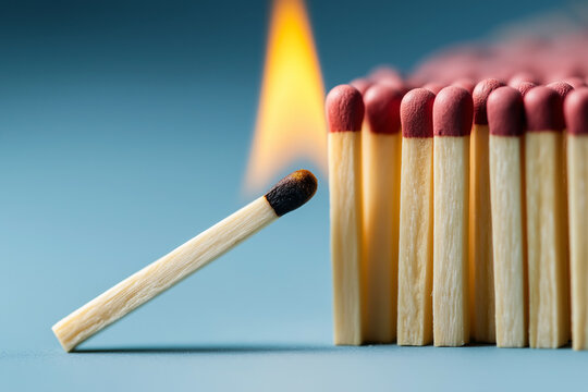 Single burning match approaching row of wooden matches, chain reaction concept, fire hazard, spread risk, ignition, leadership and minimal dramatic close up