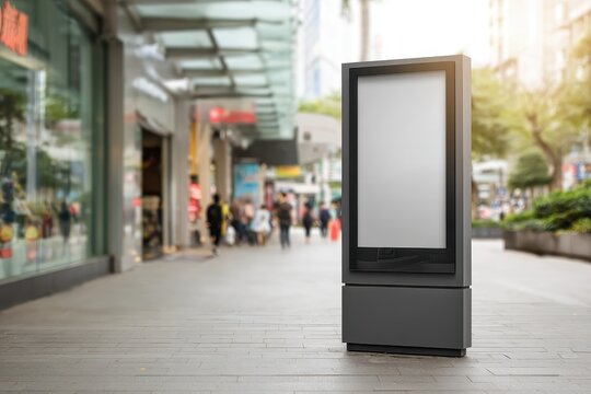 Blank outdoor advertising board in front of a modern supermarket entrance ready for custom messaging