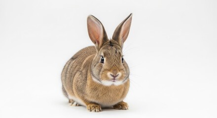 Fototapeta premium Adorable brown rabbit sitting, cute domestic bunny with soft fur, small long-eared mammal for easter and pet concepts isolated on White Background