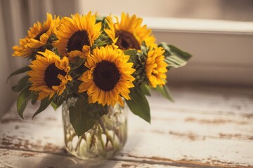 Fototapeta premium Bouquet of sunflowers on a white-painted wooden table in natural light