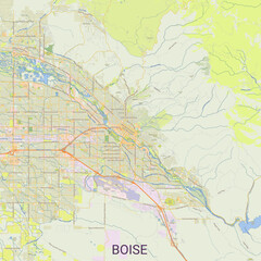 Fototapeta premium Detailed vector map of Boise featuring roads, highways, neighborhoods, rivers, and surrounding terrain. High-resolution cartographic illustration highlighting the Boise River