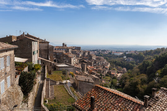 Panoramic view of the medieval town of Caprarola, Italy, seen from Villa Farnese. Traditional stone houses with terracotta roofs and lush green valley under a blue sky.