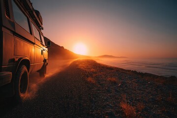 Obraz premium Camper van driving off into a golden sunset along a coastal road
