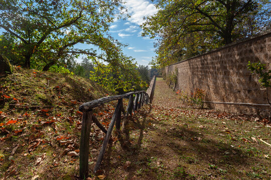 Scenic garden path at Villa Farnese in Caprarola, Italy. Featuring a rustic wooden fence, historic stone wall, and autumn leaves under bright sunlight.