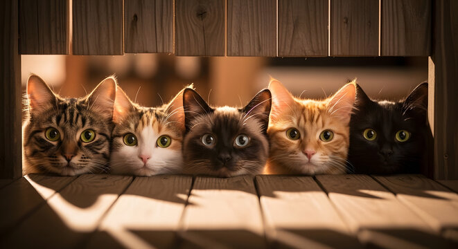 Group of cats squeezed together looking through wooden gap