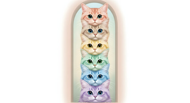 Stacked cats looking through a narrow space