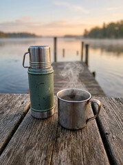 Fototapeta premium Green thermos and a steaming metal cup on a wooden dock