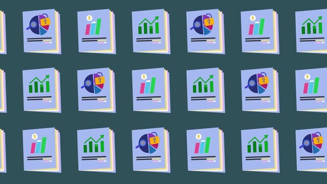 Seamless pattern of business data reports and financial analytics documents in a background animation. Flat design data science and business intelligence concept wallpaper in cartoon style.