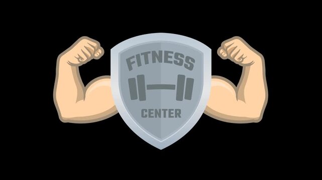 Fitness Center Shield Logo with Strong Arms, Gym Strength and Protection Cartoon Animation. Transparent background. 4K resolution