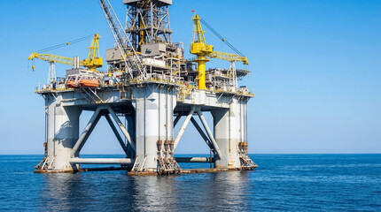 Fototapeta premium Offshore oil platform in ocean. Industrial rig for extraction of gas and fossil fuel. Rising energy crisis and market commodity cost concept. Engineering infrastructure in blue sea.