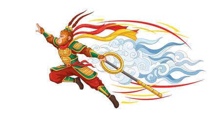 Obraz premium Vibrant vector art showing the Monkey King, a mythological figure wielding a magic wand and surrounded by swirling clouds, designed as an icon with a dynamic pose against a clean white