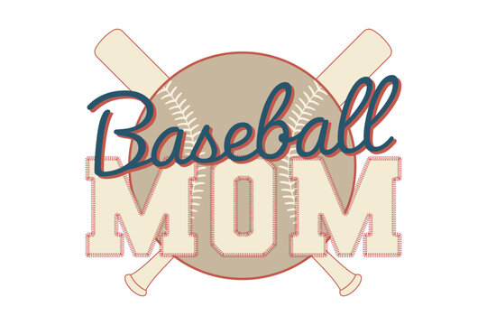 The word Mom is designed with stitched seams around the edges, resembling baseball stitching. Baseball Mom concept, sports-inspired typography with a baseball theme, isolated on a white background.