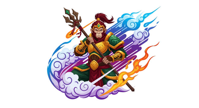 Vibrant vector illustration of Sun Wukong, the Monkey King, dynamically posed with his magic wand against a background of stylized clouds and fire, rendered in a bold, cartoon style