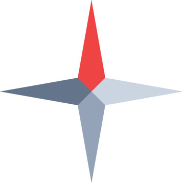 Minimalist four pointed compass rose navigation icon with a red north pointer and grey elements