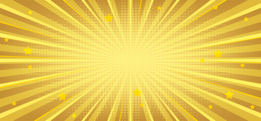 Obraz premium Simple gold and yellow comic book style gradient background with a radial sunburst pattern, halftone dot accents