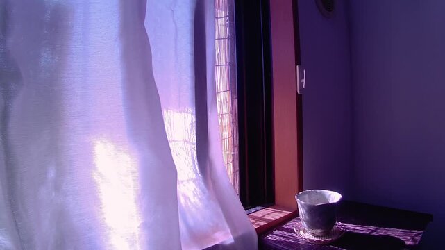 Teacup resting in soft light with gentle breeze and shadows in a Japanese apartment, calm at home scene for relaxation and lifestyle use