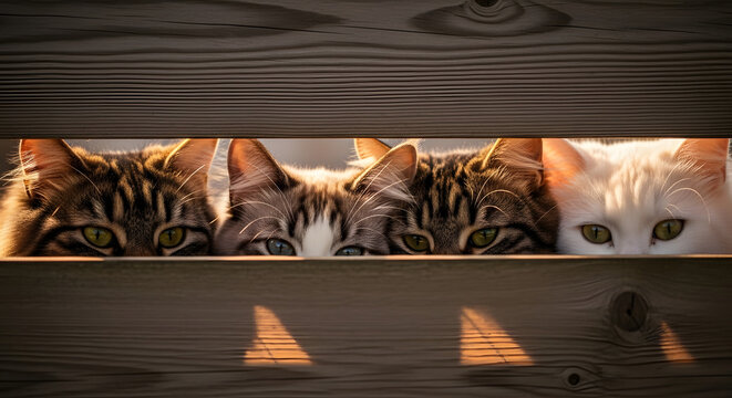 Group of cats squeezed together looking through wooden gap
