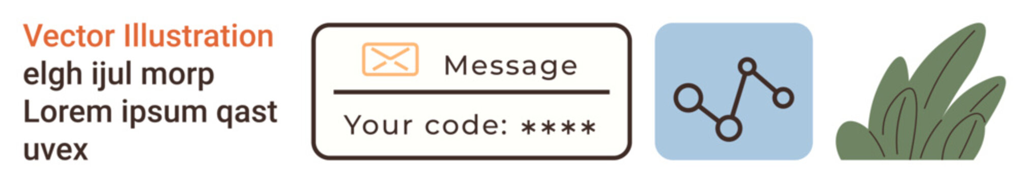 Digital security, verification processes, messaging systems, tech interface, data communication, abstract art. Message box with verification code, connection icon and leaf graphic. Digital security