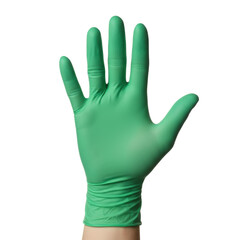 Obraz premium Adult hand wearing a vibrant green nitrile glove with fingers spread in a firm stop gesture against a stark white background, concept of medical safety