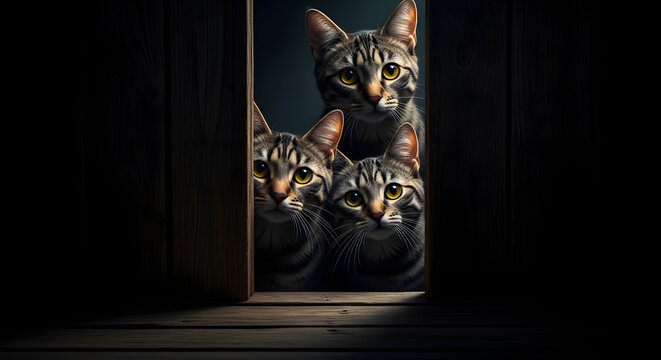 Cats peeking through a dark wooden gap with dramatic lighting