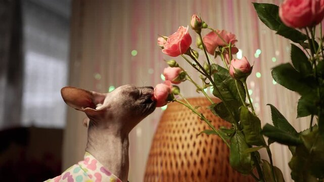 Adorable hairless sphynx cat wearing a colorful shirt showing curiosity by smelling, licking, and tasting the delicate petals of a fresh bouquet of small pink roses in a domestic setting
