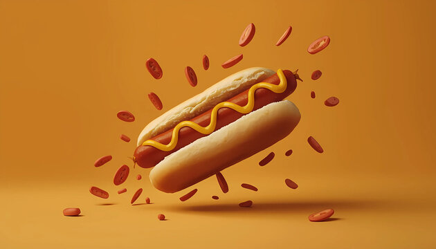 A hot dog with ketchup and mustard flying through the air