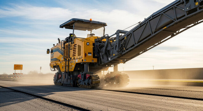 Asphalt milling machine working on road maintenance under clear sky  