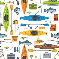 Seamless Pattern of Kayaking and Fishing Gear, Boats, Fish, and Life Vests © Kasino